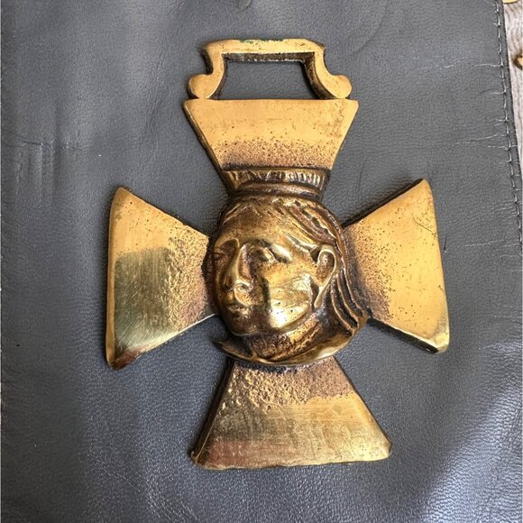 Antique Brass Cross Medal Maltese With Womans Face Relief bridle - Picture 1 of 6